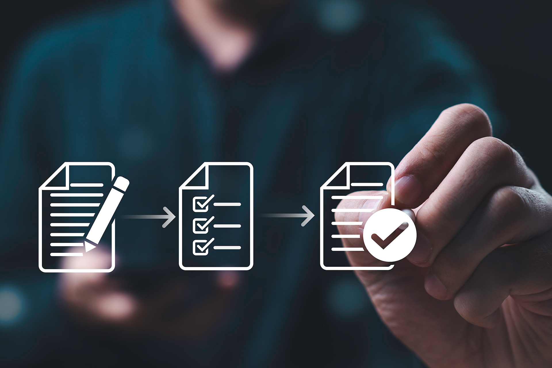 Businessman using electronic pen sign tick mark on virtual document for online approve paperless quality assurance and ERP management , Prepare check and approve document concept.
